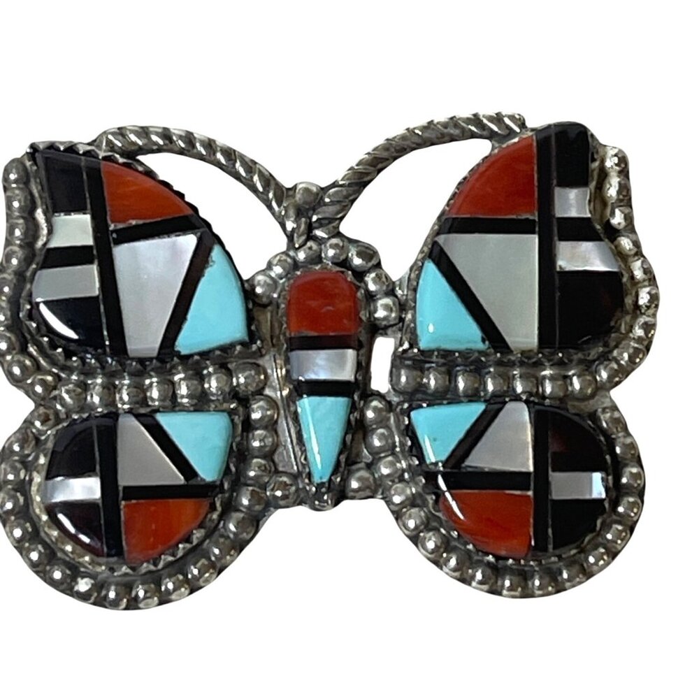 Zuni Native American Inlay Gemstones Butterfly Pin Brooch Pendant Signed Silver - Picture 2 of 13